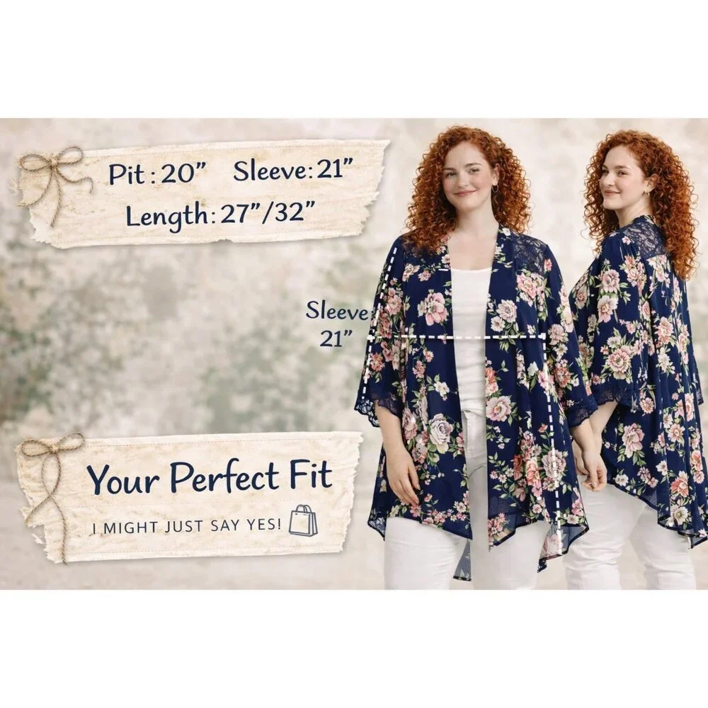🌸 Emma & Olive Navy Floral Kimono Cardigan Lace Bell Sleeve XL 🌸